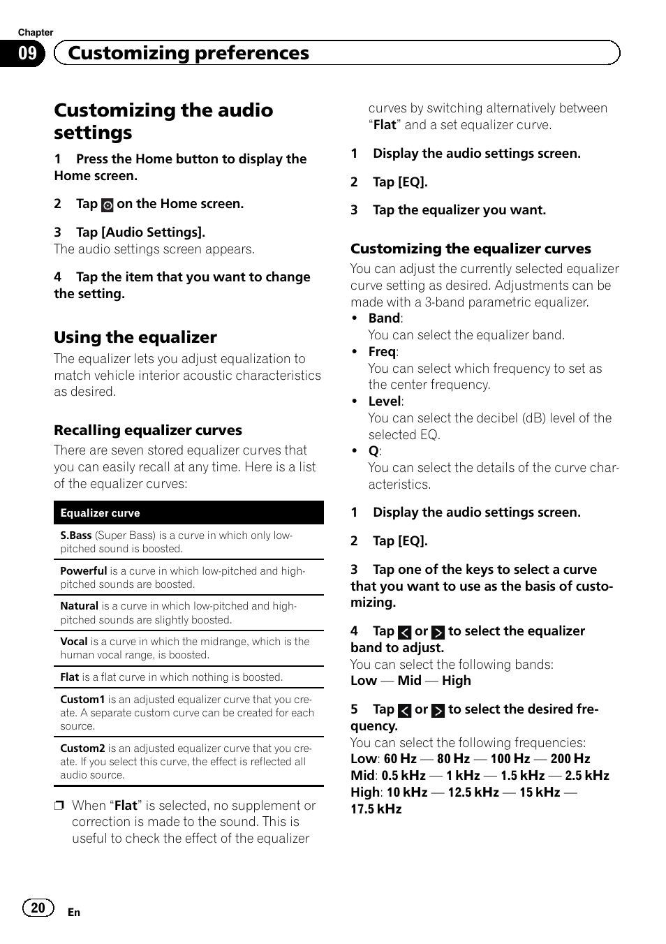Using the equalizer 20, Chapter 9, Customizing the audio settings | 09 customizing preferences, Using the equalizer | Pioneer AppRadio SPH-DA01 User Manual | Page 20 / 36