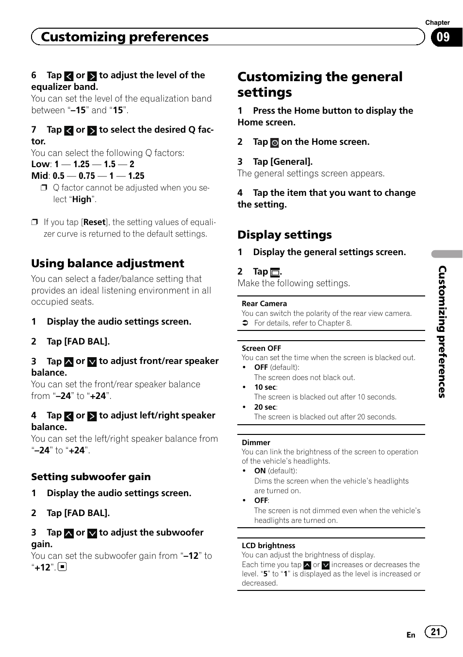 Using balance adjustment 21, Customizing the general settings, Display settings 21 | Customizing preferences, Using balance adjustment, Display settings | Pioneer AppRadio SPH-DA01 User Manual | Page 21 / 36