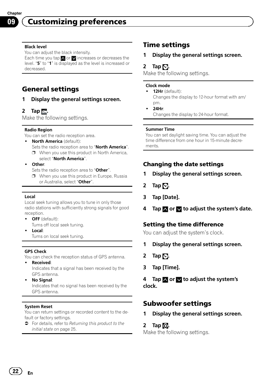 General settings 22, Time settings 22, Subwoofer settings 22 | 09 customizing preferences, General settings, Time settings, Subwoofer settings | Pioneer AppRadio SPH-DA01 User Manual | Page 22 / 36