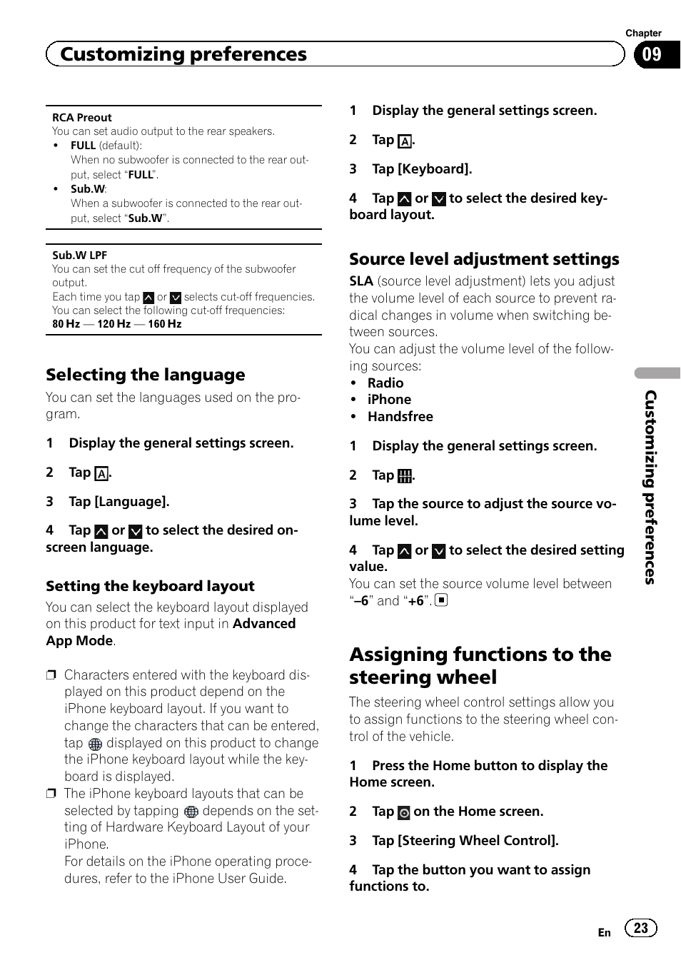 Selecting the language 23, Source level adjustment settings 23, Assigning functions to the steering | Wheel, Assigning functions to the steering wheel, Customizing preferences, Selecting the language, Source level adjustment settings | Pioneer AppRadio SPH-DA01 User Manual | Page 23 / 36