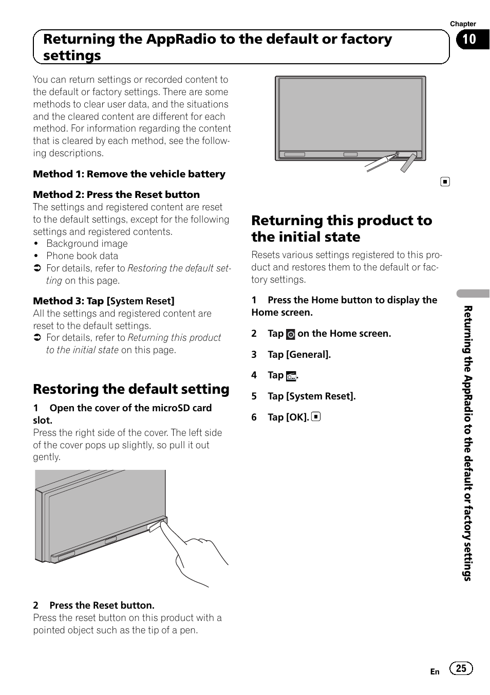 Returning this product to the initial state, Restoring the default setting | Pioneer AppRadio SPH-DA01 User Manual | Page 25 / 36