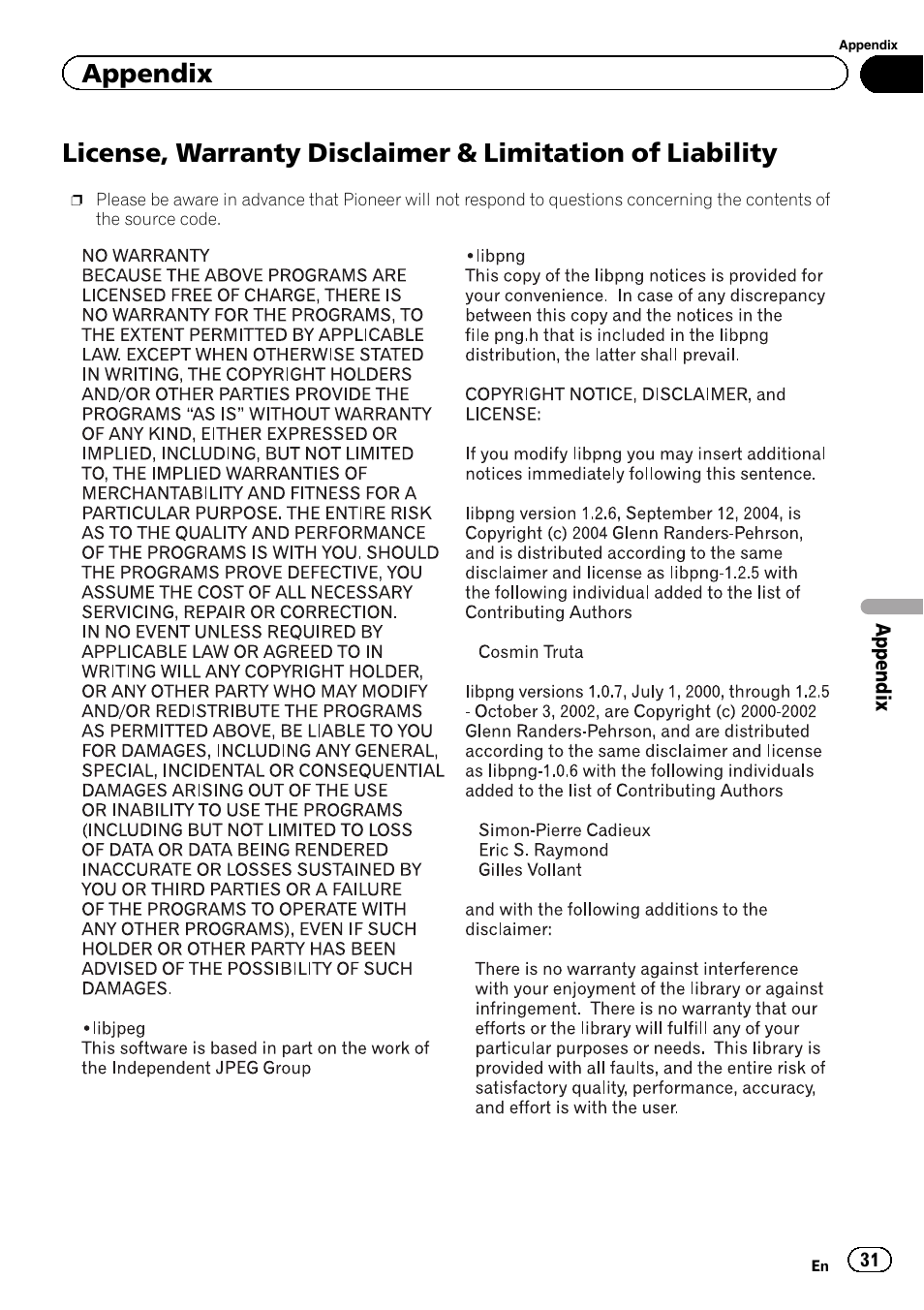 License, warranty disclaimer & limitation of, Liability, Appendix | Pioneer AppRadio SPH-DA01 User Manual | Page 31 / 36