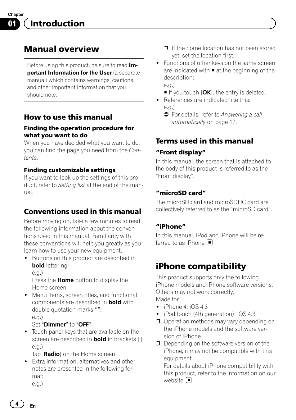 Introduction, Manual overview, How to use this manual 4 | Conventions used in this manual 4, Terms used in this manual 4, Iphone compatibility, 01 introduction | Pioneer AppRadio SPH-DA01 User Manual | Page 4 / 36