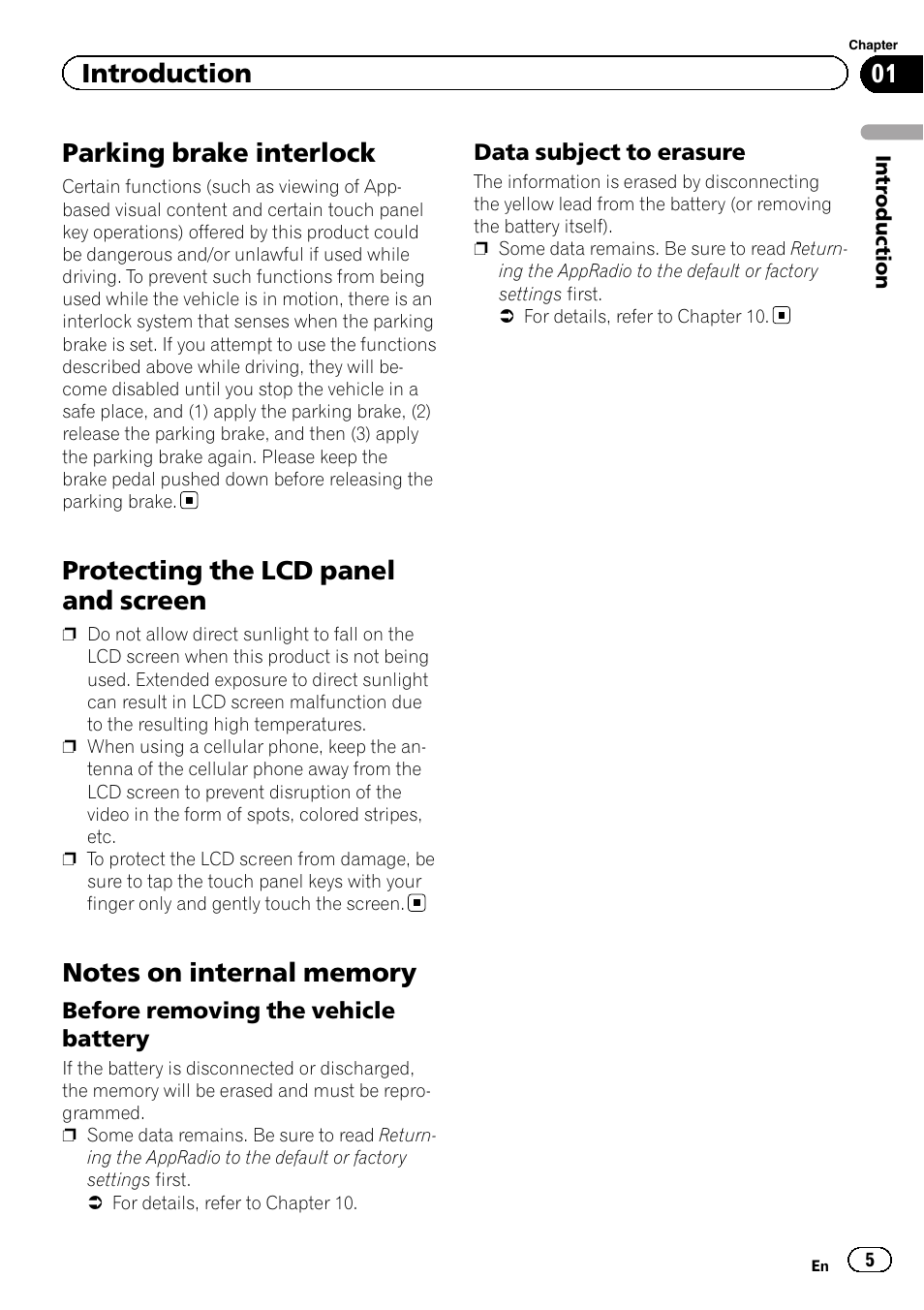 Parking brake interlock, Protecting the lcd panel and screen, Notes on internal memory | Before removing the vehicle battery 5, Data subject to erasure 5, Introduction | Pioneer AppRadio SPH-DA01 User Manual | Page 5 / 36