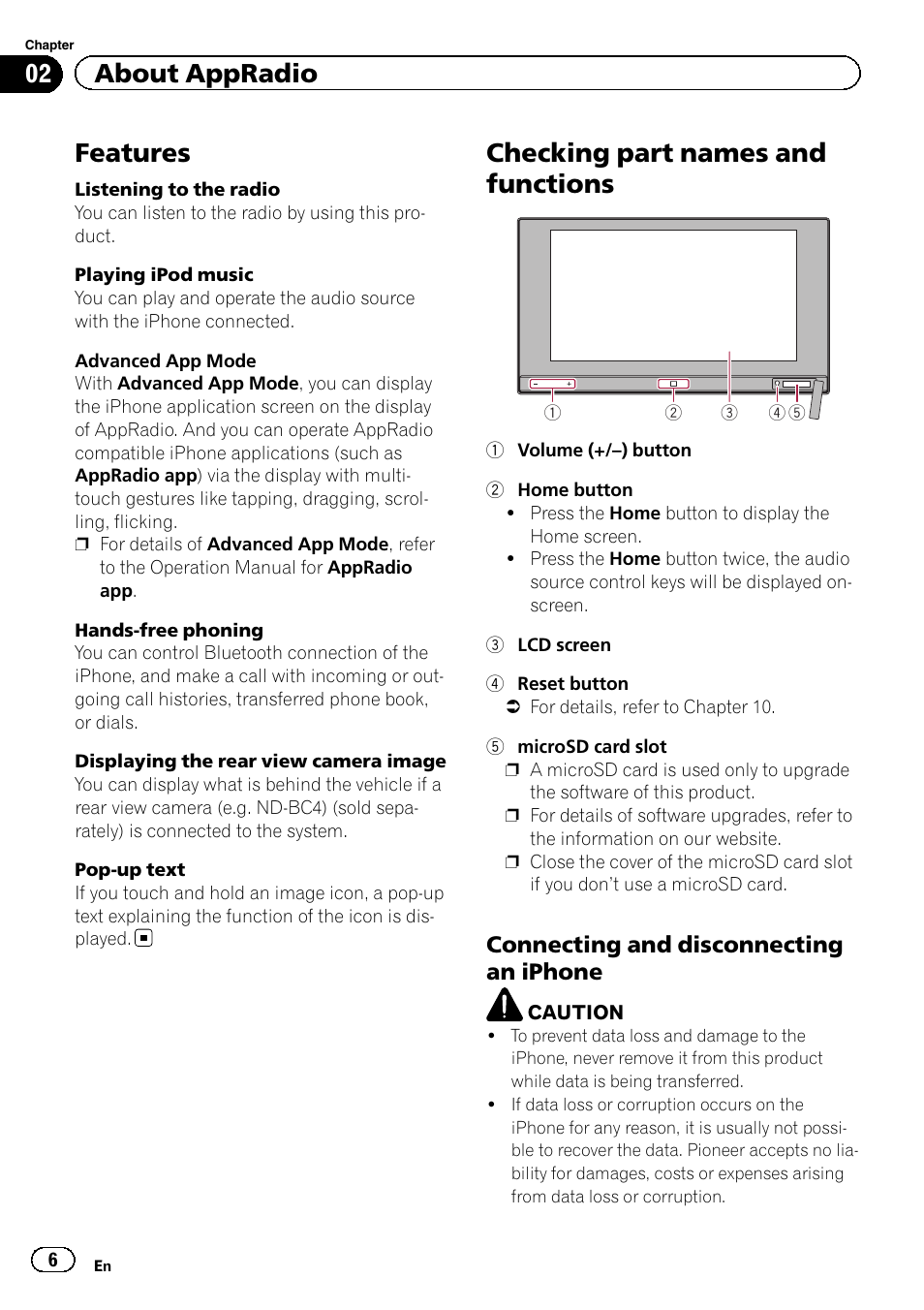 About appradio features, Checking part names and functions, Connecting and disconnecting an | Iphone, Features, 02 about appradio, Connecting and disconnecting an iphone | Pioneer AppRadio SPH-DA01 User Manual | Page 6 / 36