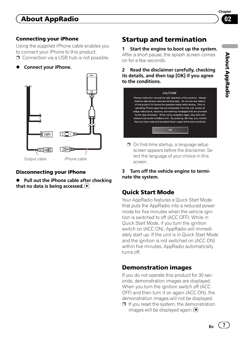 Startup and termination, Quick start mode 7, Demonstration images 7 | About appradio | Pioneer AppRadio SPH-DA01 User Manual | Page 7 / 36