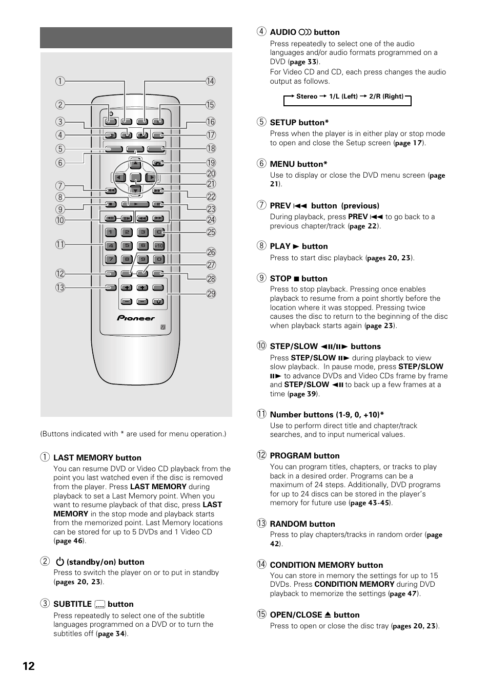 Remote control | Pioneer DV-434 User Manual | Page 12 / 60