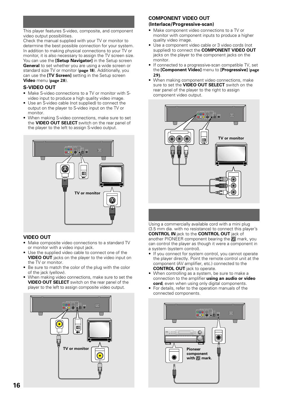 Video connections system control connections, Video connections, System control connections | S-video out, Video out, Component video out (interlace/progressive-scan) | Pioneer DV-434 User Manual | Page 16 / 60