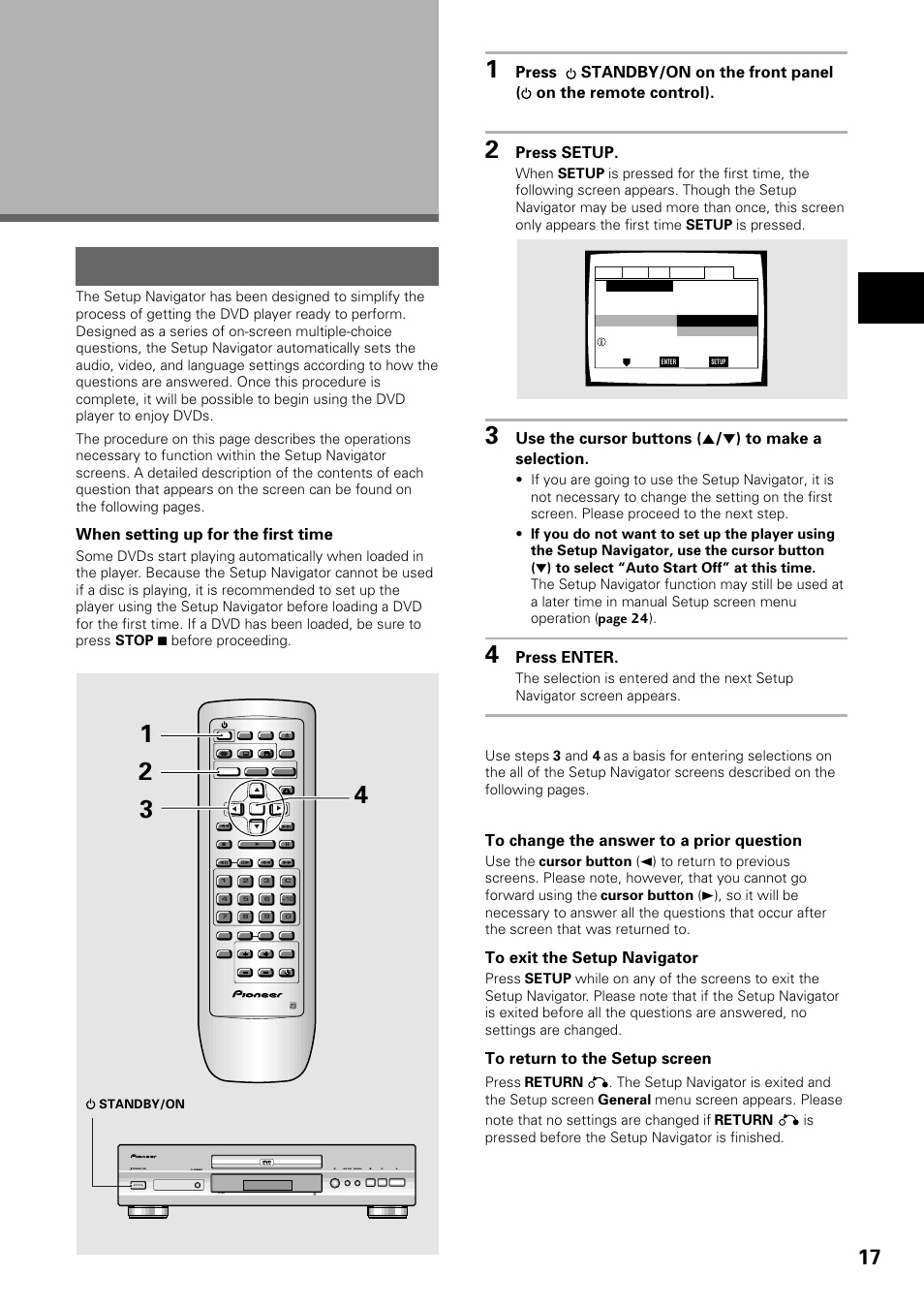 Setting up the player, Using the setup navigator, When setting up for the first time | Press setup, Press enter, Making connections / setting up the pla yer | Pioneer DV-434 User Manual | Page 17 / 60