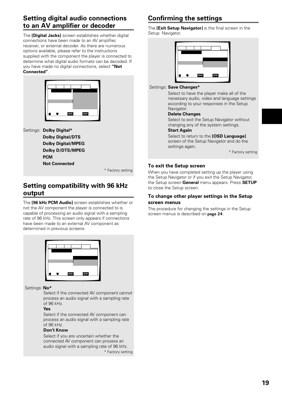 Confirming the settings, Setting compatibility with 96 khz output, Setting up the pla yer | Pioneer DV-434 User Manual | Page 19 / 60