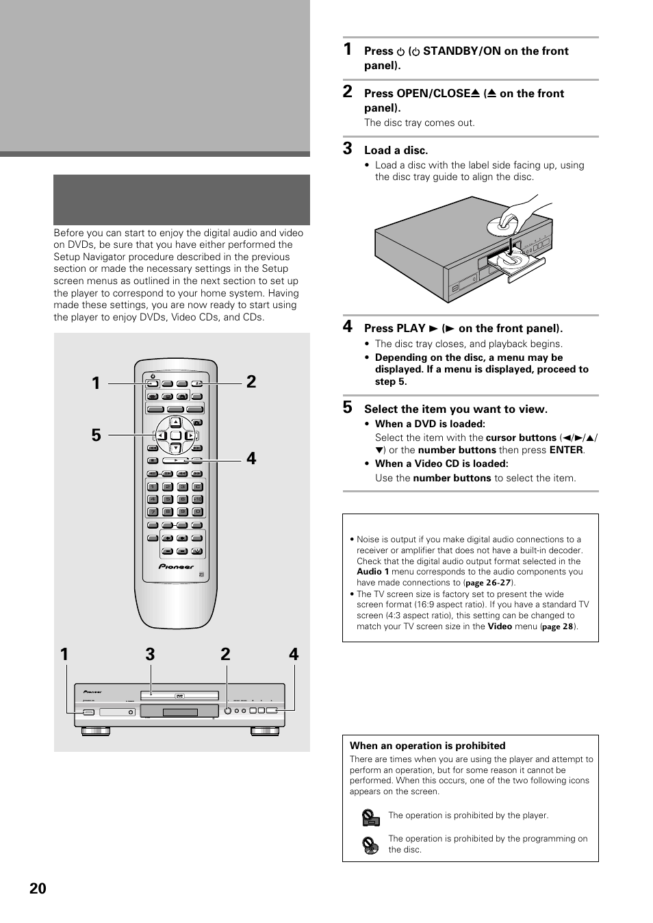 Getting started using your dvd, Player, Playing dvds, video cds and cds | Getting started using your dvd player, Dvd/video cd/cd, Press ( standby/on on the front panel), Press open/close 0 ( 0 on the front panel), Load a disc, Press play 3 ( 3 on the front panel), Select the item you want to view | Pioneer DV-434 User Manual | Page 20 / 60