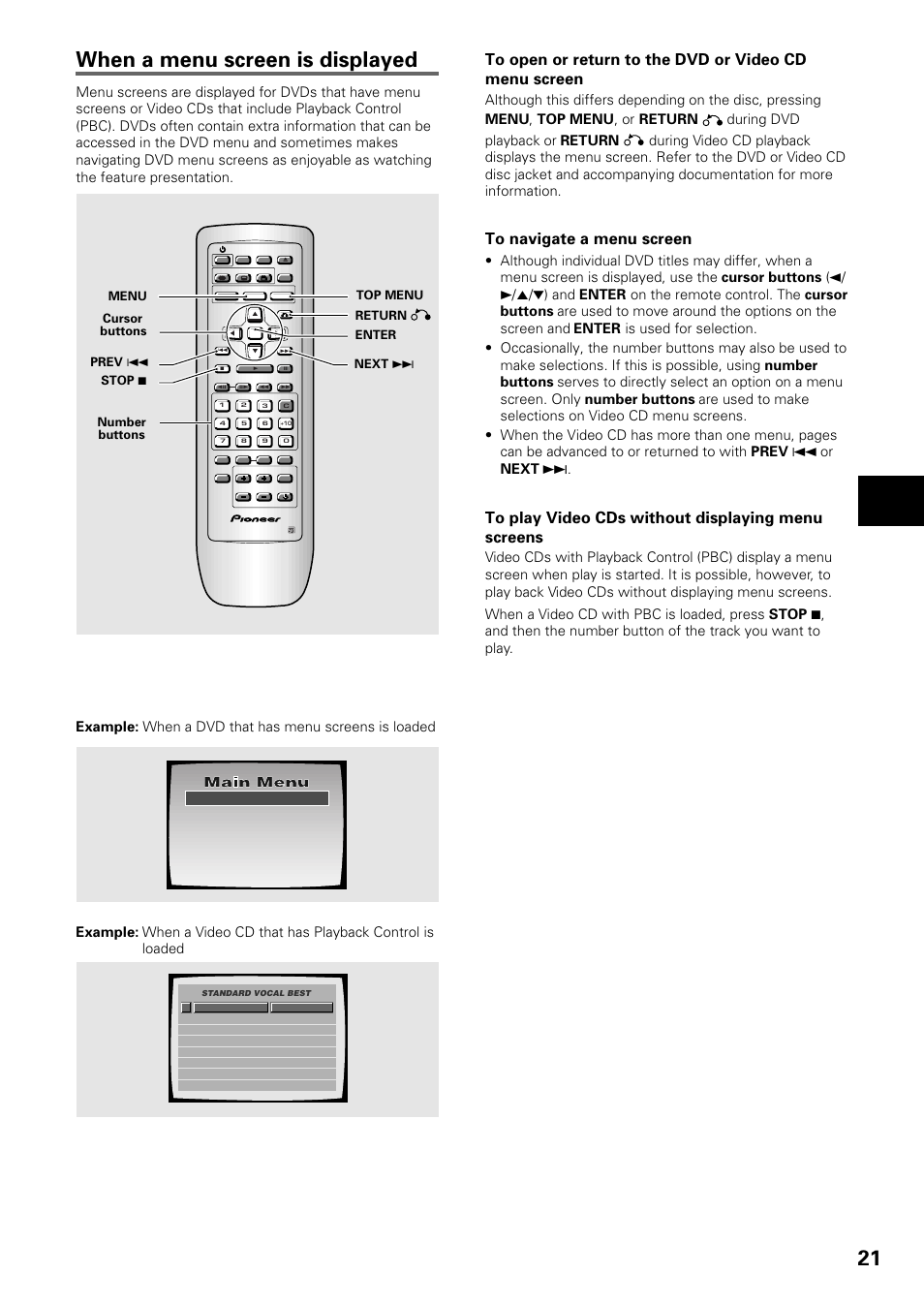 When a menu screen is displayed, Getting st arted using your dvd pla yer | Pioneer DV-434 User Manual | Page 21 / 60