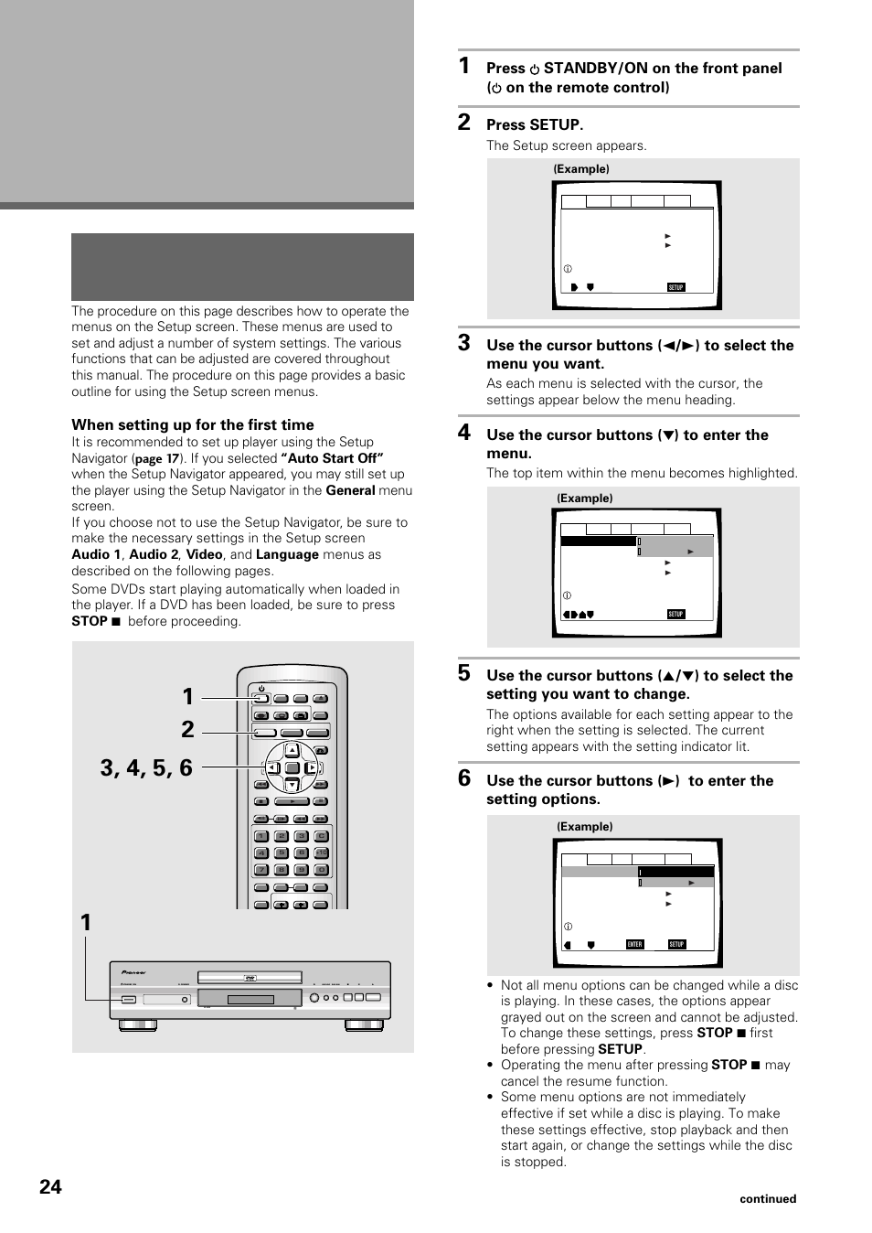 Adjusting audio and video, Settings, Using the setup screen menus | Adjusting audio and video settings, When setting up for the first time, Press setup, Use the cursor buttons ( ∞ ) to enter the menu, The setup screen appears, The top item within the menu becomes highlighted, Standby/on fl dimmer fl off dvd player | Pioneer DV-434 User Manual | Page 24 / 60