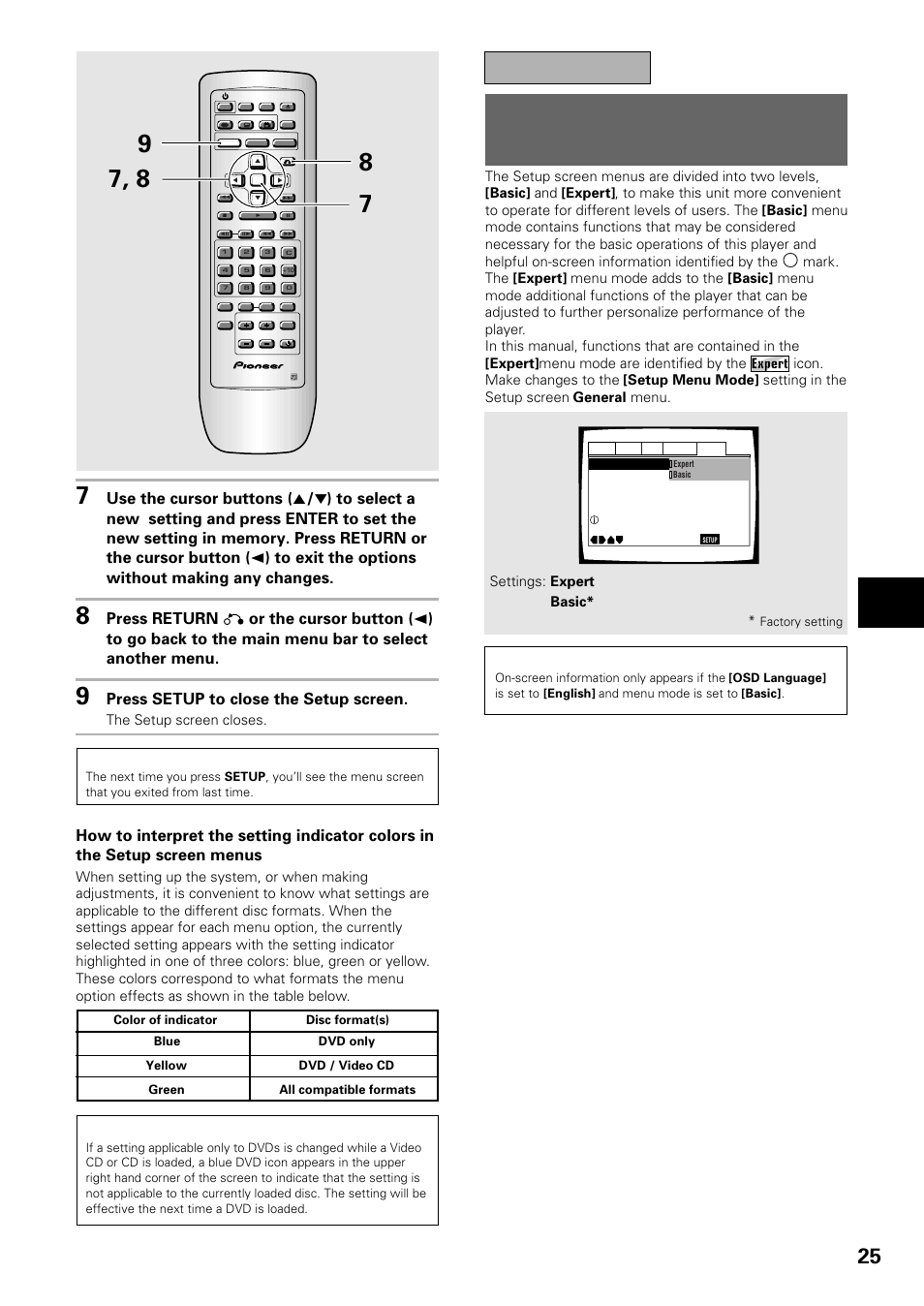 Changing to the setup screen “expert” menu, Mode, Important | Changing to the setup screen “expert” menu mode, Adjusting audio and video settings, Press setup to close the setup screen, The setup screen closes, Settings: expert basic | Pioneer DV-434 User Manual | Page 25 / 60