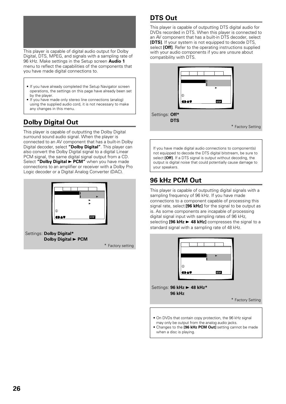 Setting the digital audio output to be, Compatible with your av component, Dolby digital out | Dts out, 96 khz pcm out | Pioneer DV-434 User Manual | Page 26 / 60