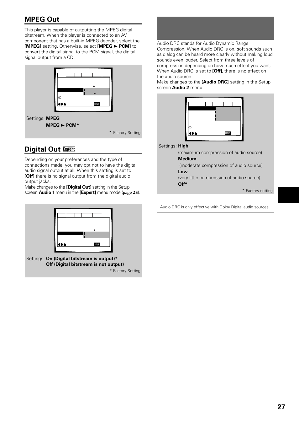 Adjusting the dynamic range of the audio, Soundtrack, Digital out | Mpeg out, Adjusting audio and video settings | Pioneer DV-434 User Manual | Page 27 / 60