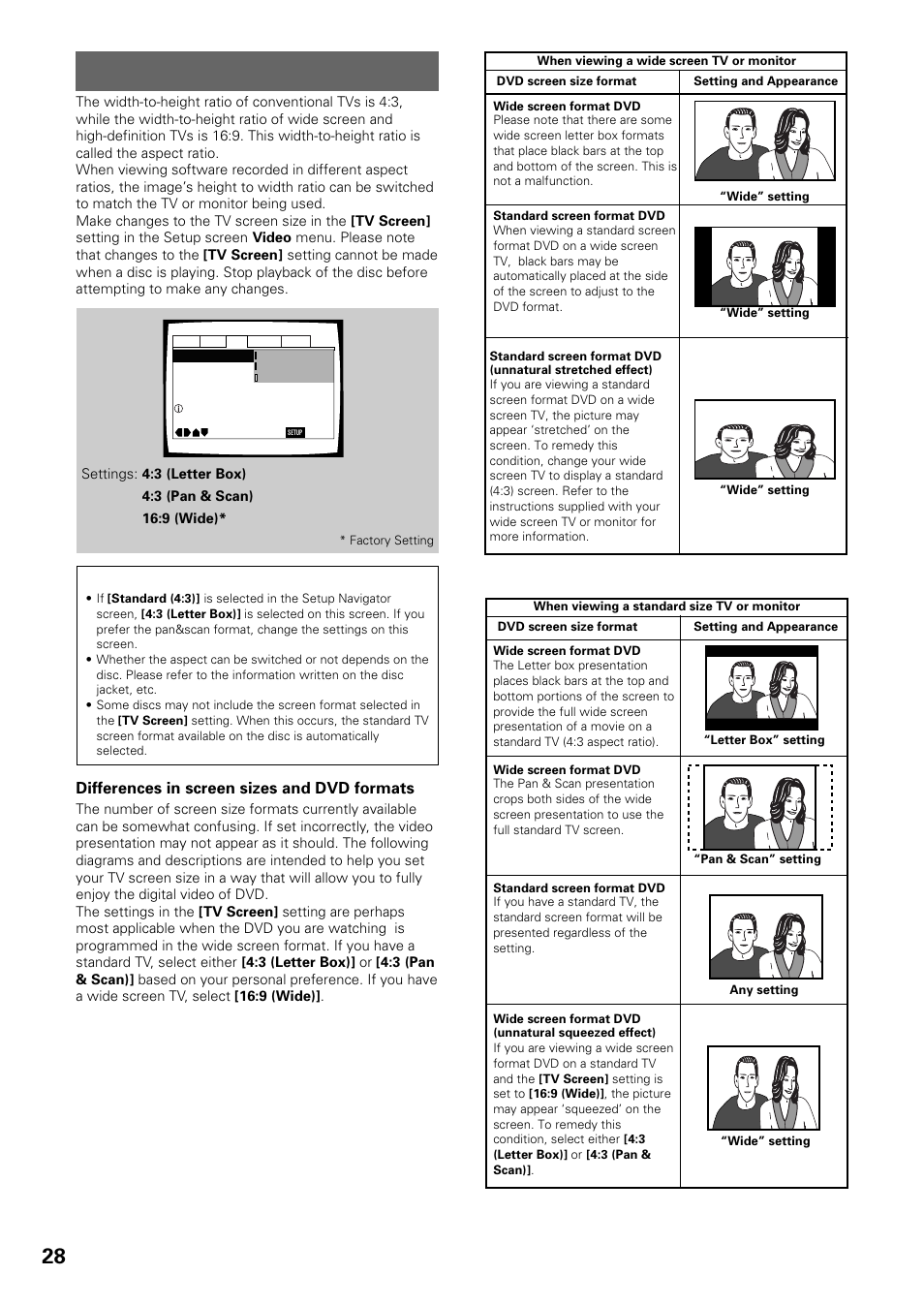 Setting the tv screen size, Differences in screen sizes and dvd formats | Pioneer DV-434 User Manual | Page 28 / 60