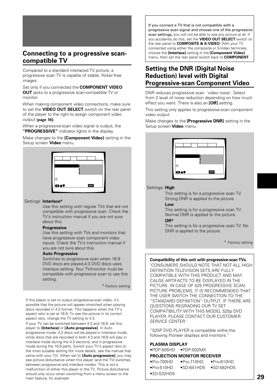 525 line digital progressive scan component, Video output, Connecting to a progressive scan- compatible tv | Adjusting audio and video settings | Pioneer DV-434 User Manual | Page 29 / 60
