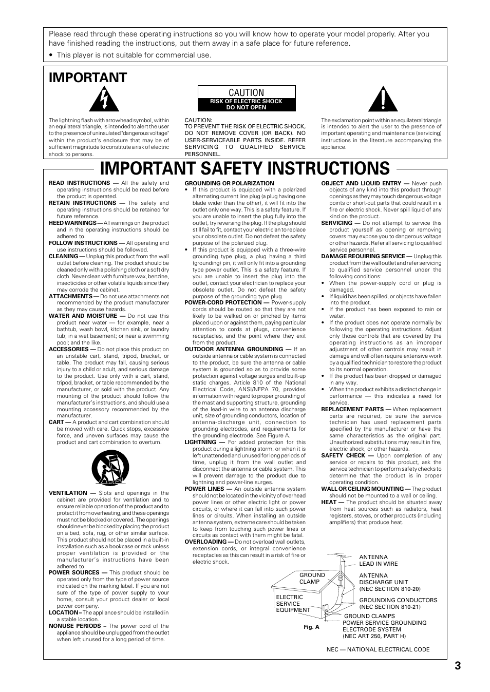 Important safety instructions, Important, Caution | Pioneer DV-434 User Manual | Page 3 / 60