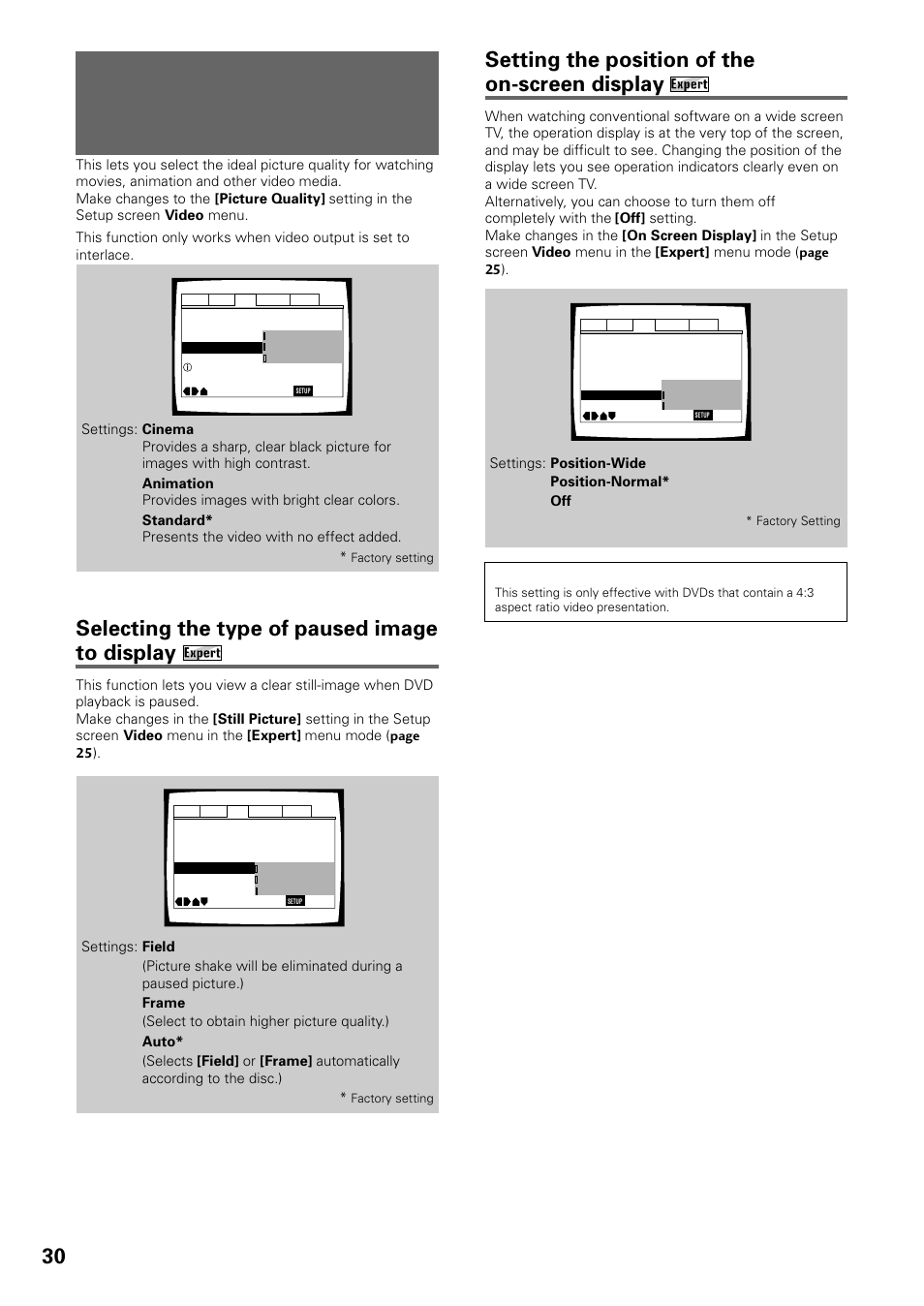 Selecting picture quality appropriate for, Program content, Selecting the type of paused image to display | Setting the position of the on-screen display, Dvd/video cd | Pioneer DV-434 User Manual | Page 30 / 60