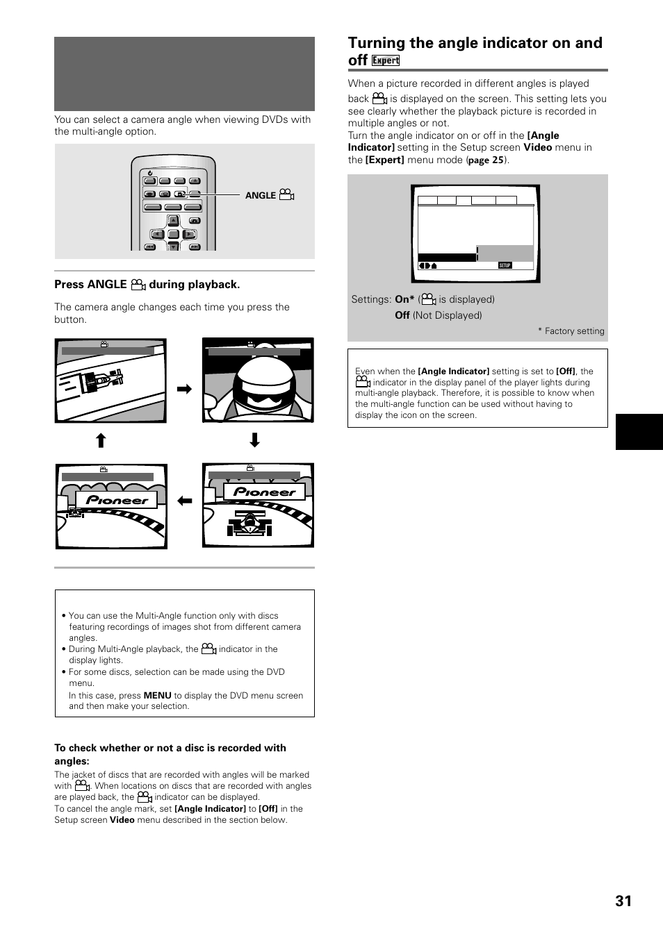 Viewing from a desired camera angle, Multi-angle), Viewing from a desired camera angle (multi-angle) | Turning the angle indicator on and off, Adjusting audio and video settings, Press angle during playback | Pioneer DV-434 User Manual | Page 31 / 60