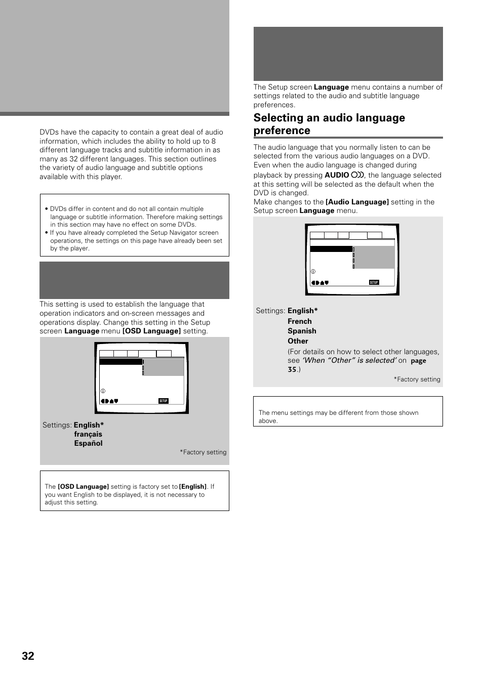 Setting the language options, Setting the on-screen display (osd) language, Setting language and subtitle preferences in | The setup screen menus, Selecting an audio language preference | Pioneer DV-434 User Manual | Page 32 / 60