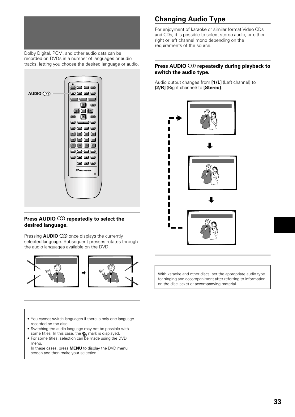 Changing the audio language, Multi-language function), Changing audio type | Setting the language options, Video cd/cd, Hello hola, Audio | Pioneer DV-434 User Manual | Page 33 / 60