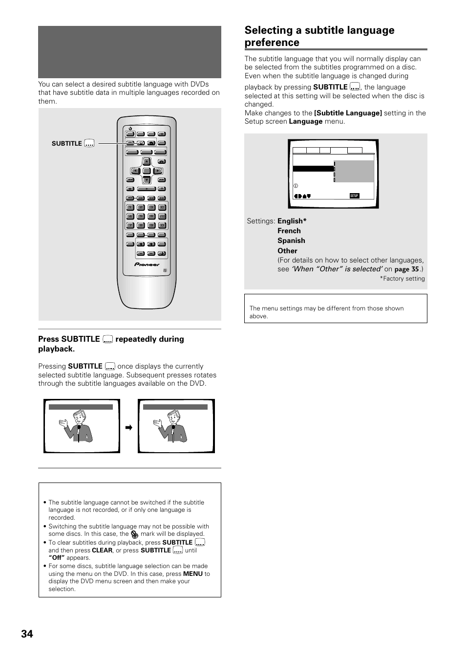 Selecting a subtitle language, Multi-language subtitles), Selecting a subtitle language preference | Press subtitle repeatedly during playback, When “other” is selected, On page 35 .), Subtitle, Factory setting | Pioneer DV-434 User Manual | Page 34 / 60