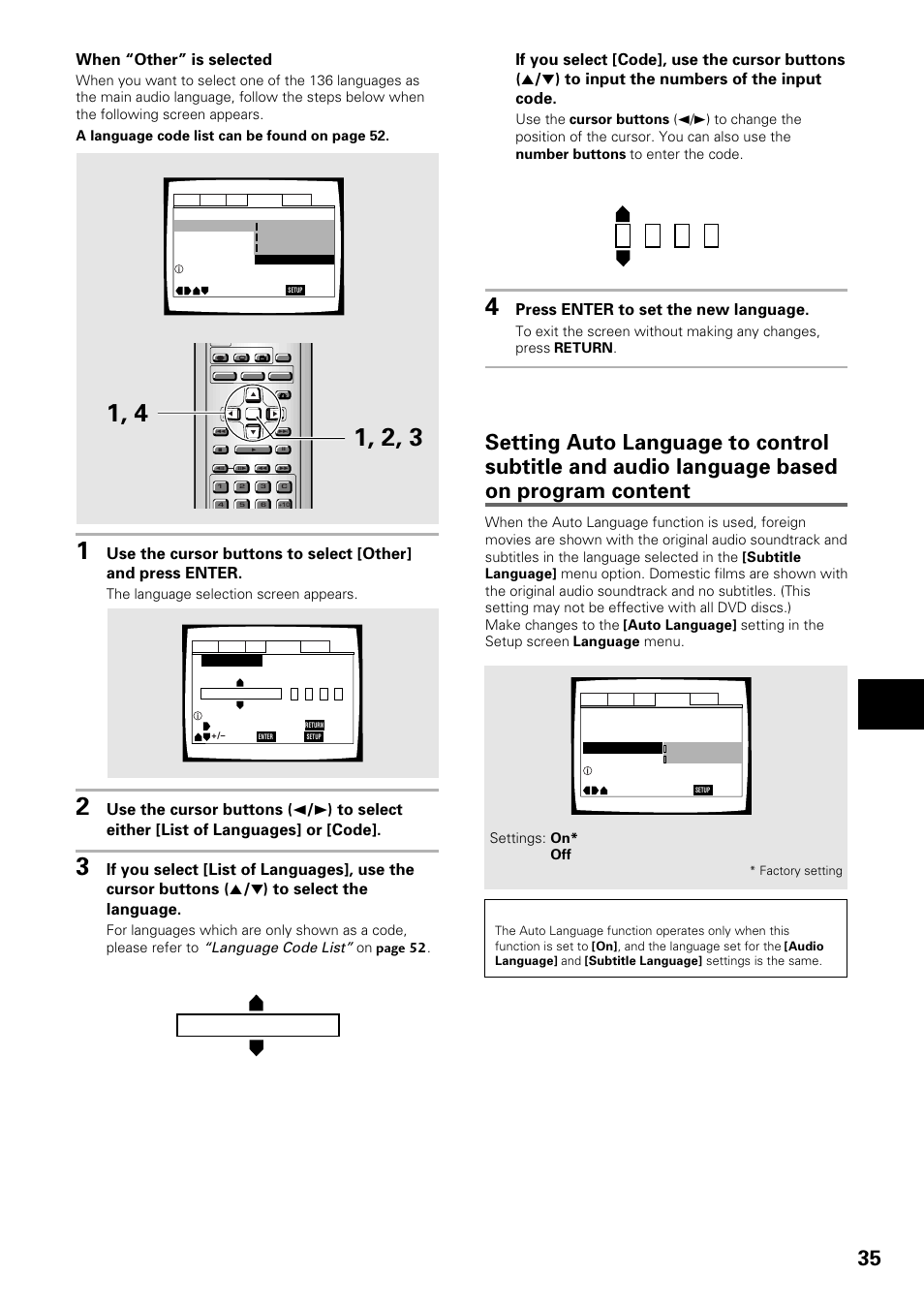 Ja: japanese list of languages, Press enter to set the new language, When “other” is selected | Language code list, The language selection screen appears, On page 52 | Pioneer DV-434 User Manual | Page 35 / 60