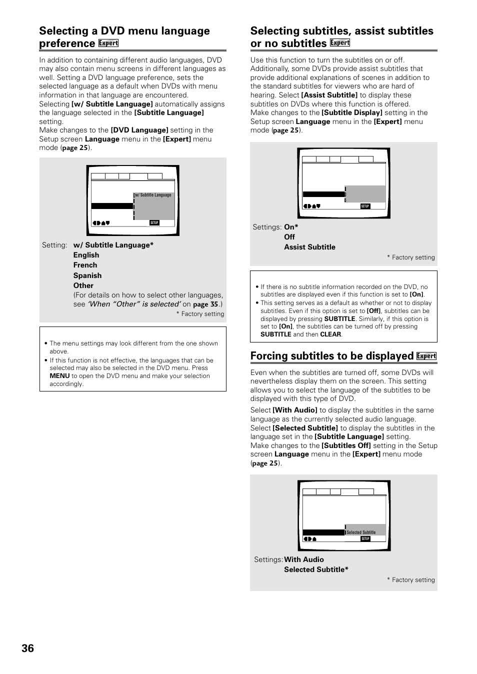 36 selecting a dvd menu language preference, Forcing subtitles to be displayed, When “other” is selected | Pioneer DV-434 User Manual | Page 36 / 60
