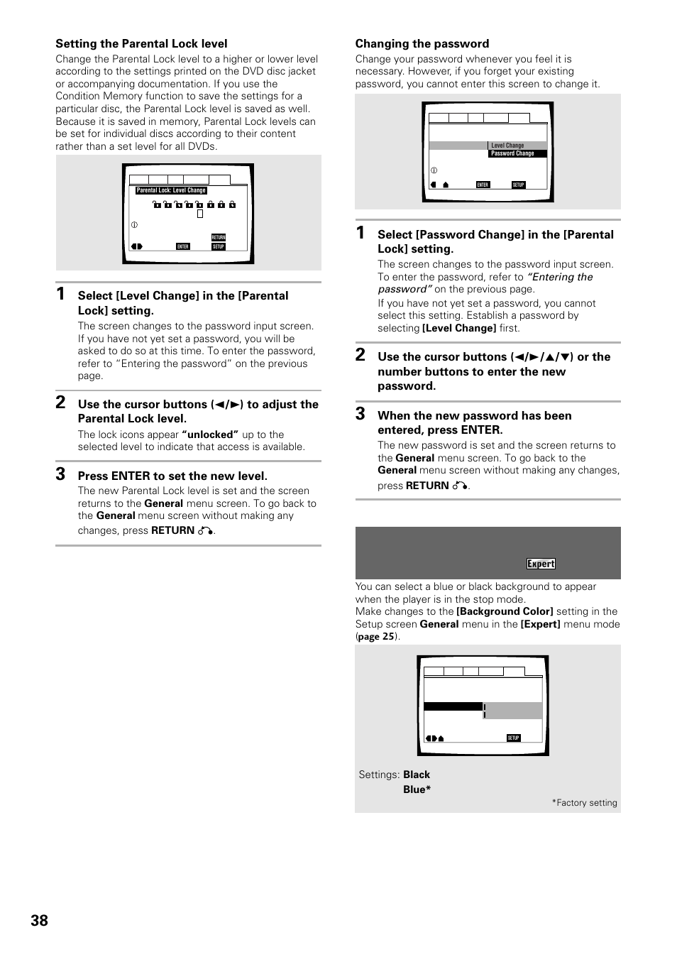 Changing the background color of the screen, Changing the password, Setting the parental lock level | Press enter to set the new level | Pioneer DV-434 User Manual | Page 38 / 60