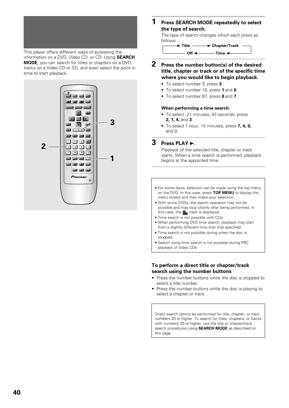 Searching for a title, chapter, track, or location, On a disc, Dvd/video cd/cd | Press play 3 | Pioneer DV-434 User Manual | Page 40 / 60