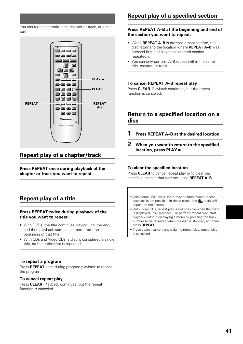 Repeat play, Repeat play of a chapter/track, Repeat play of a title | Return to a specified location on a disc, Adv anced functions, Dvd/video cd/cd, Press repeat a–b at the desired location | Pioneer DV-434 User Manual | Page 41 / 60