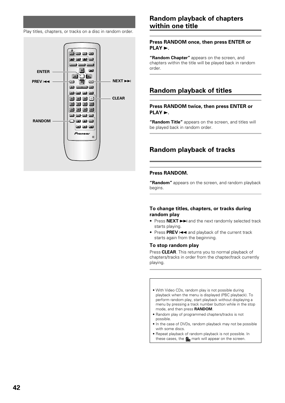 Random play, 42 random playback of chapters within one title, Random playback of titles | Random playback of tracks, Dvd press random once, then press enter or play 3, Dvd press random twice, then press enter or play 3, Video cd/cd press random, Dvd/video cd/cd | Pioneer DV-434 User Manual | Page 42 / 60