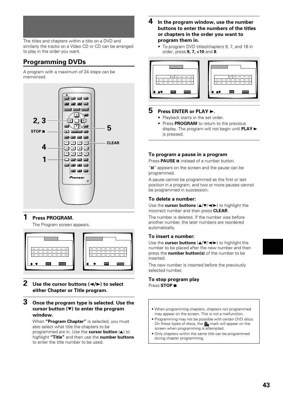 Playback in a desired order (program play), Programming dvds, Adv anced functions | Press program, Press enter or play 3, Dvd/video cd/cd, The program screen appears | Pioneer DV-434 User Manual | Page 43 / 60