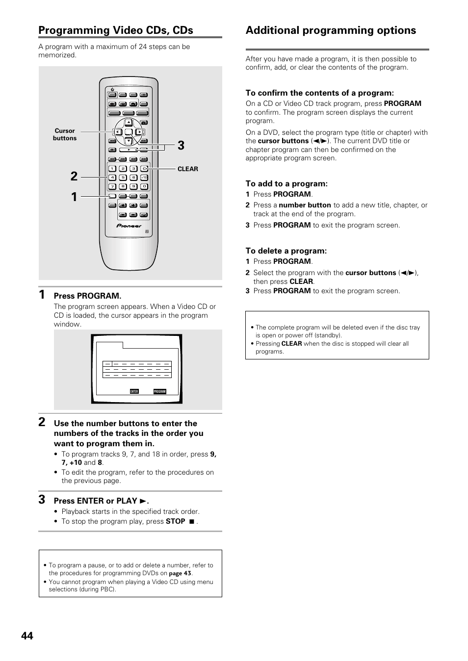 Additional programming options, Programming video cds, cds, Dvd/video cd/cd | Press program, Press enter or play 3 | Pioneer DV-434 User Manual | Page 44 / 60