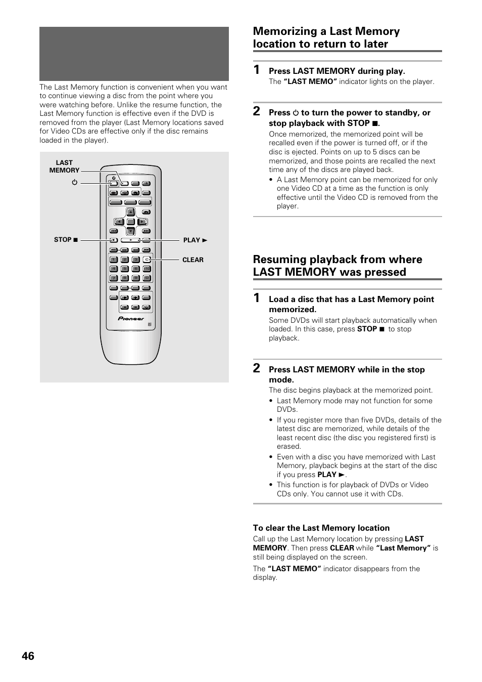 Continuing playback from a specified location, Last memory), Dvd/video cd | Pioneer DV-434 User Manual | Page 46 / 60