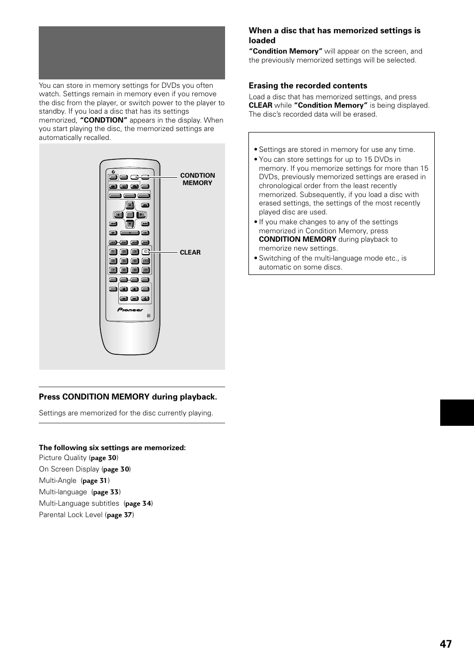Memorizing settings for often viewed dvds, Condition memory), Erasing the recorded contents | Clear | Pioneer DV-434 User Manual | Page 47 / 60