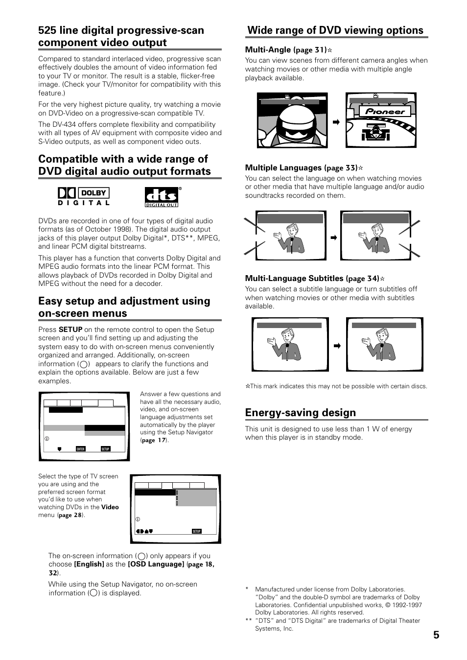 5wide range of dvd viewing options, Energy-saving design, Easy setup and adjustment using on-screen menus | Multi-angle (page 31), Multiple languages (page 33), Multi-language subtitles (page 34) | Pioneer DV-434 User Manual | Page 5 / 60