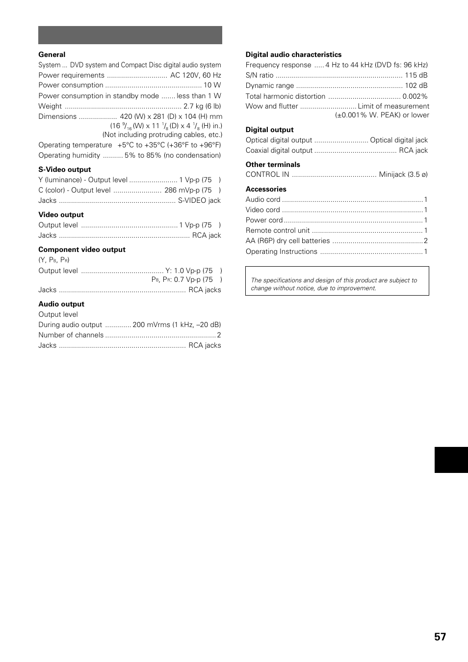 Specifications | Pioneer DV-434 User Manual | Page 57 / 60