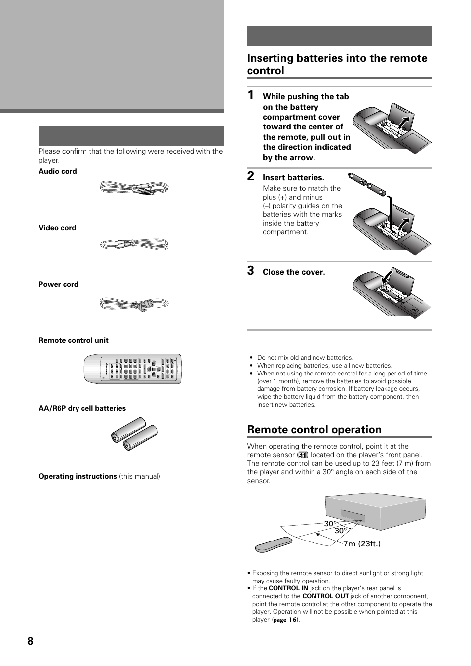 Before using, Checking accessories preparing the remote control, Preparing the remote control | Checking accessories, Inserting batteries into the remote control, Remote control operation, Insert batteries, Close the cover, Menu | Pioneer DV-434 User Manual | Page 8 / 60