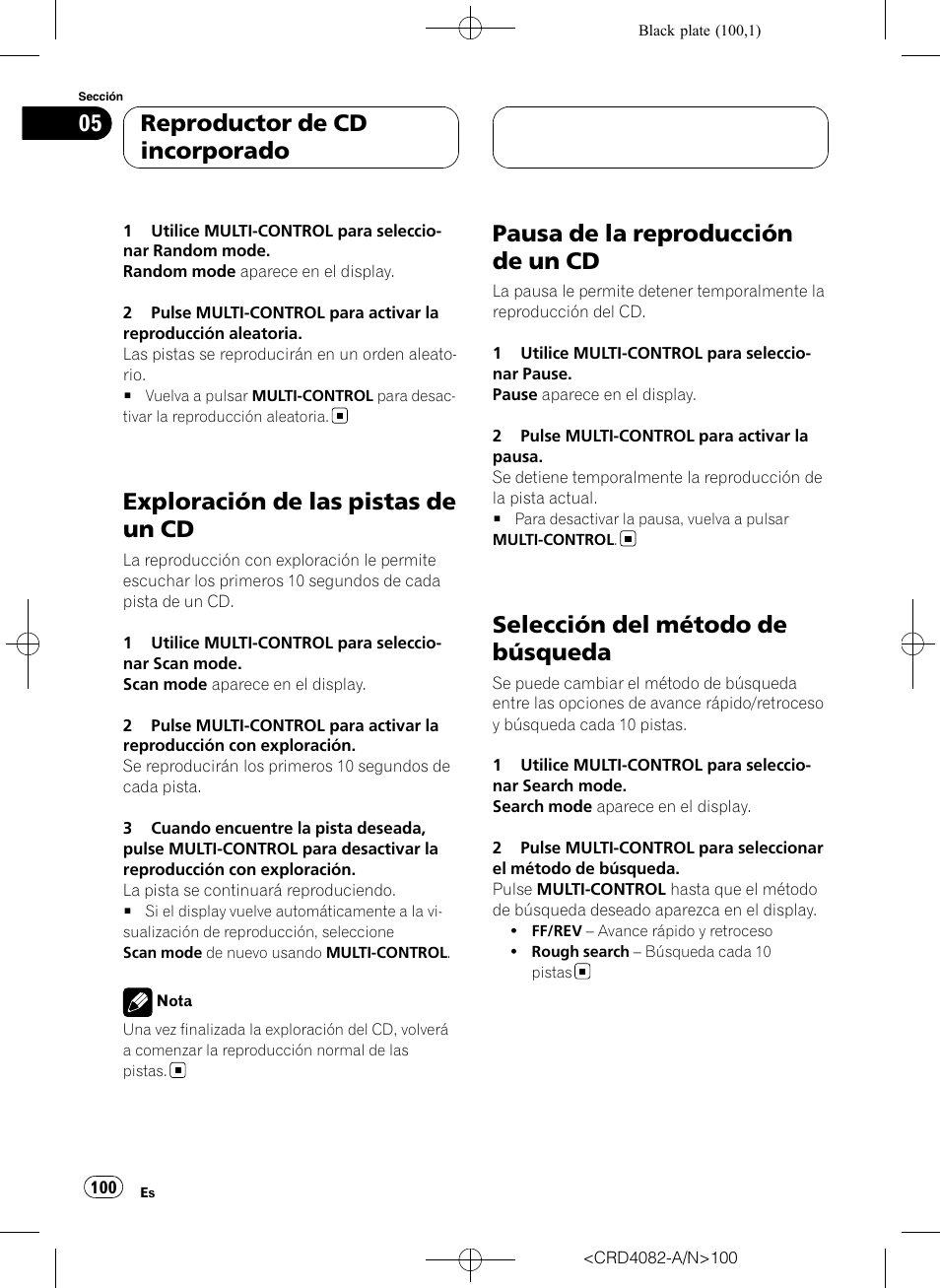 Exploración de las pistas de un cd, Pausa de la reproducción de un cd, Selección del método de búsqueda | Reproductor de cd incorporado | Pioneer DEH-P80RS User Manual | Page 100 / 168