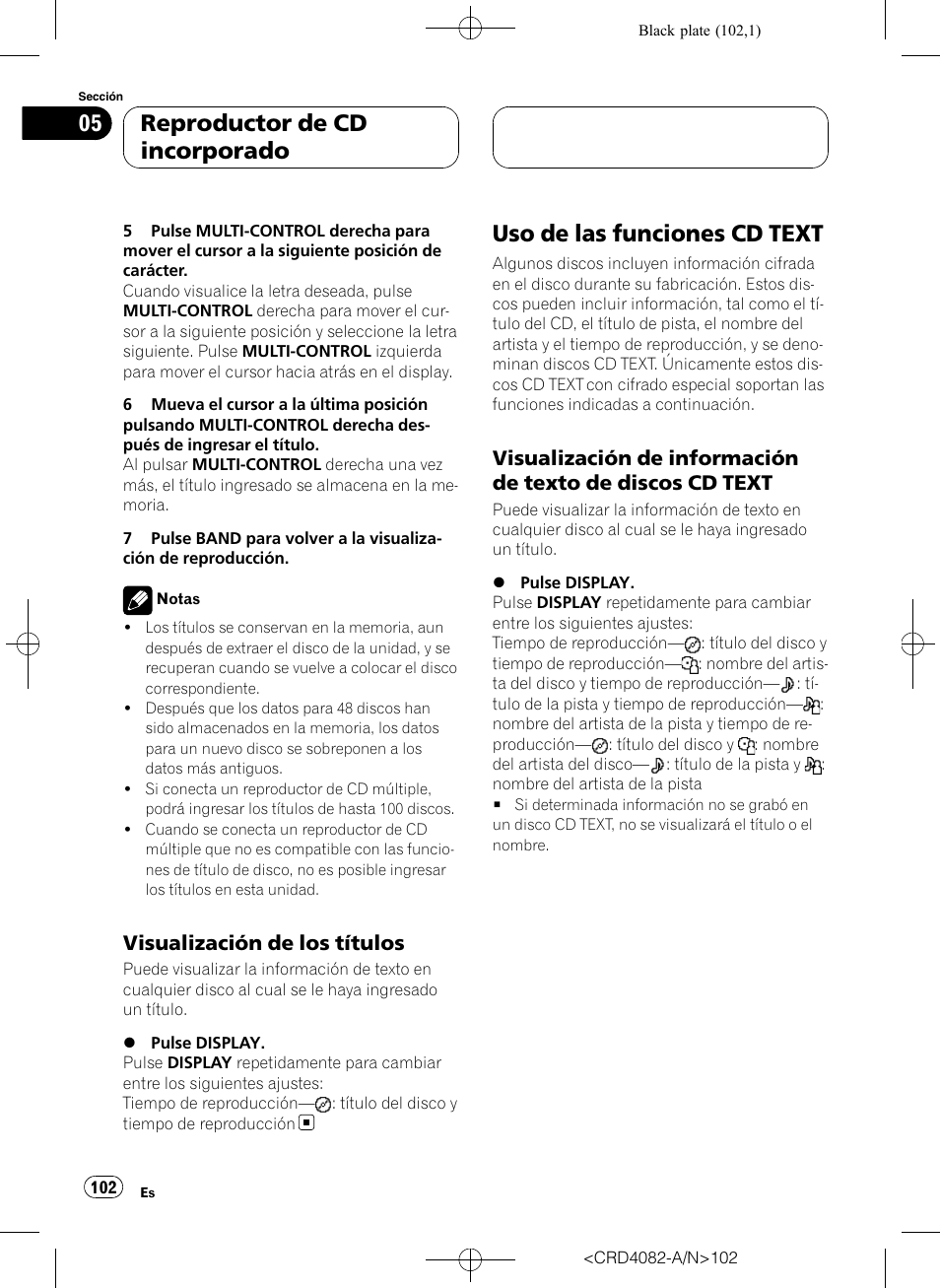 Visualización de los títulos 102, Uso de las funciones cd text, Visualización de información de texto | De discos cd text, Reproductor de cd incorporado, Visualización de los títulos | Pioneer DEH-P80RS User Manual | Page 102 / 168