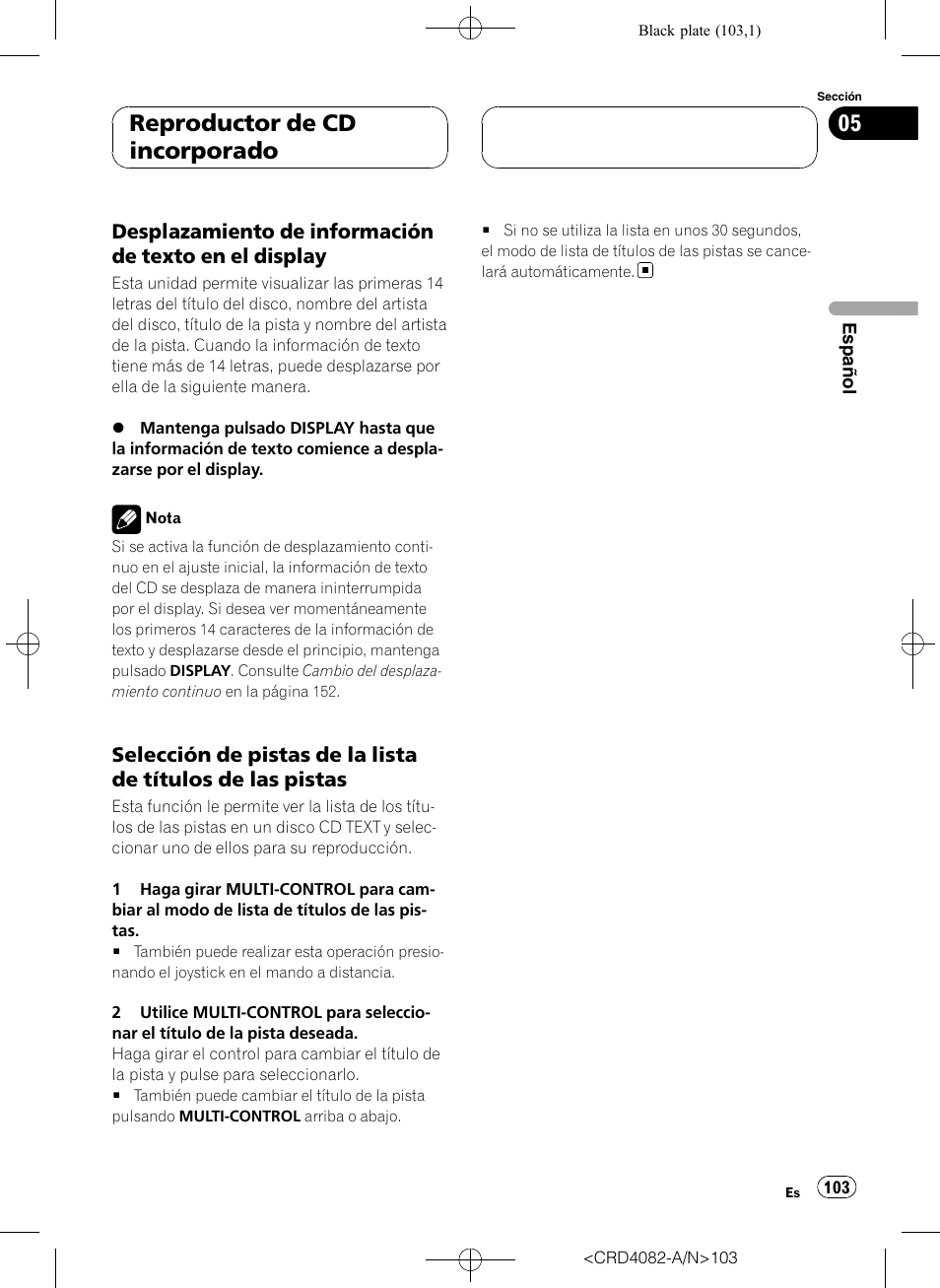 Desplazamiento de información de, Texto en el display, Selección de pistas de la lista de títulos | De las pistas, Reproductor de cd incorporado | Pioneer DEH-P80RS User Manual | Page 103 / 168