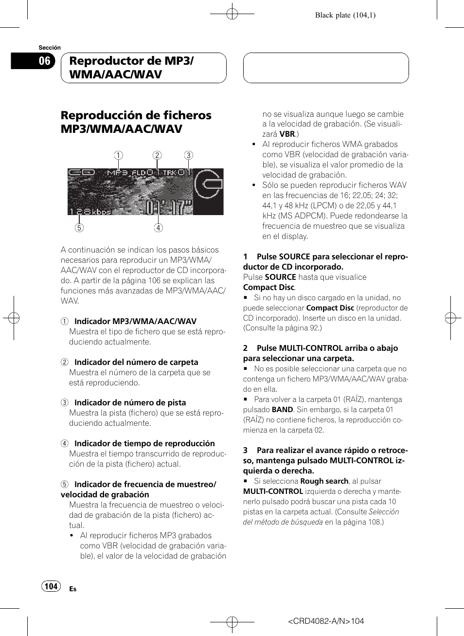 Reproducción de ficheros mp3/wma/aac/wav, Reproductor de mp3/ wma/aac/wav | Pioneer DEH-P80RS User Manual | Page 104 / 168