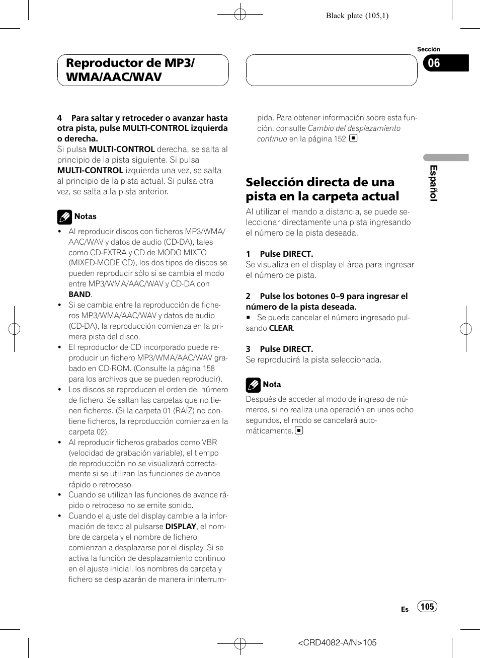 Selección directa de una pista en la carpeta, Actual, Reproductor de mp3/ wma/aac/wav | Pioneer DEH-P80RS User Manual | Page 105 / 168