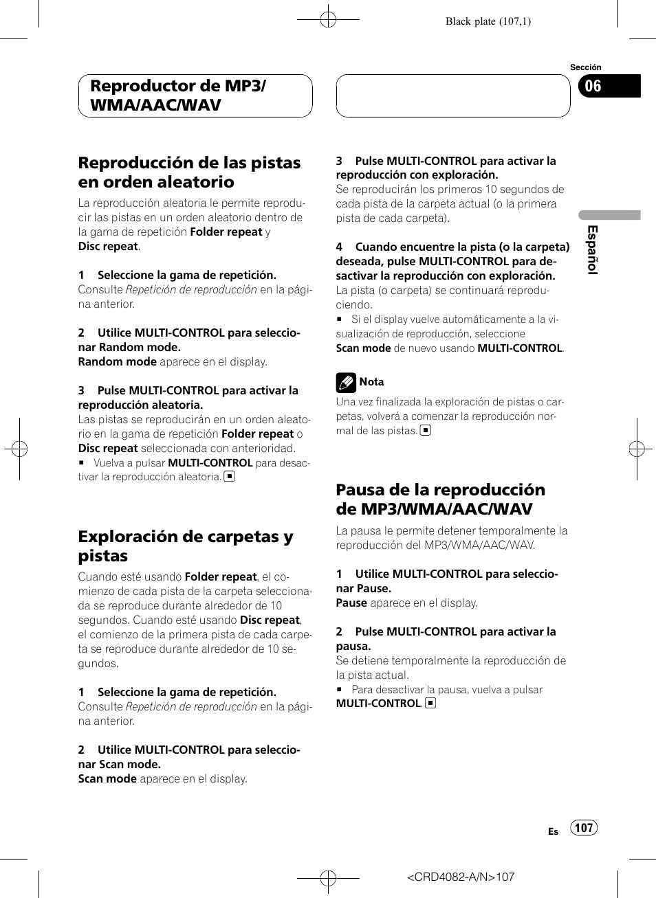 Reproducción de las pistas en orden, Aleatorio, Exploración de carpetas y pistas | Pausa de la reproducción de mp3/wma, Aac/wav, Reproducción de las pistas en orden aleatorio, Pausa de la reproducción de mp3/wma/aac/wav, Reproductor de mp3/ wma/aac/wav | Pioneer DEH-P80RS User Manual | Page 107 / 168