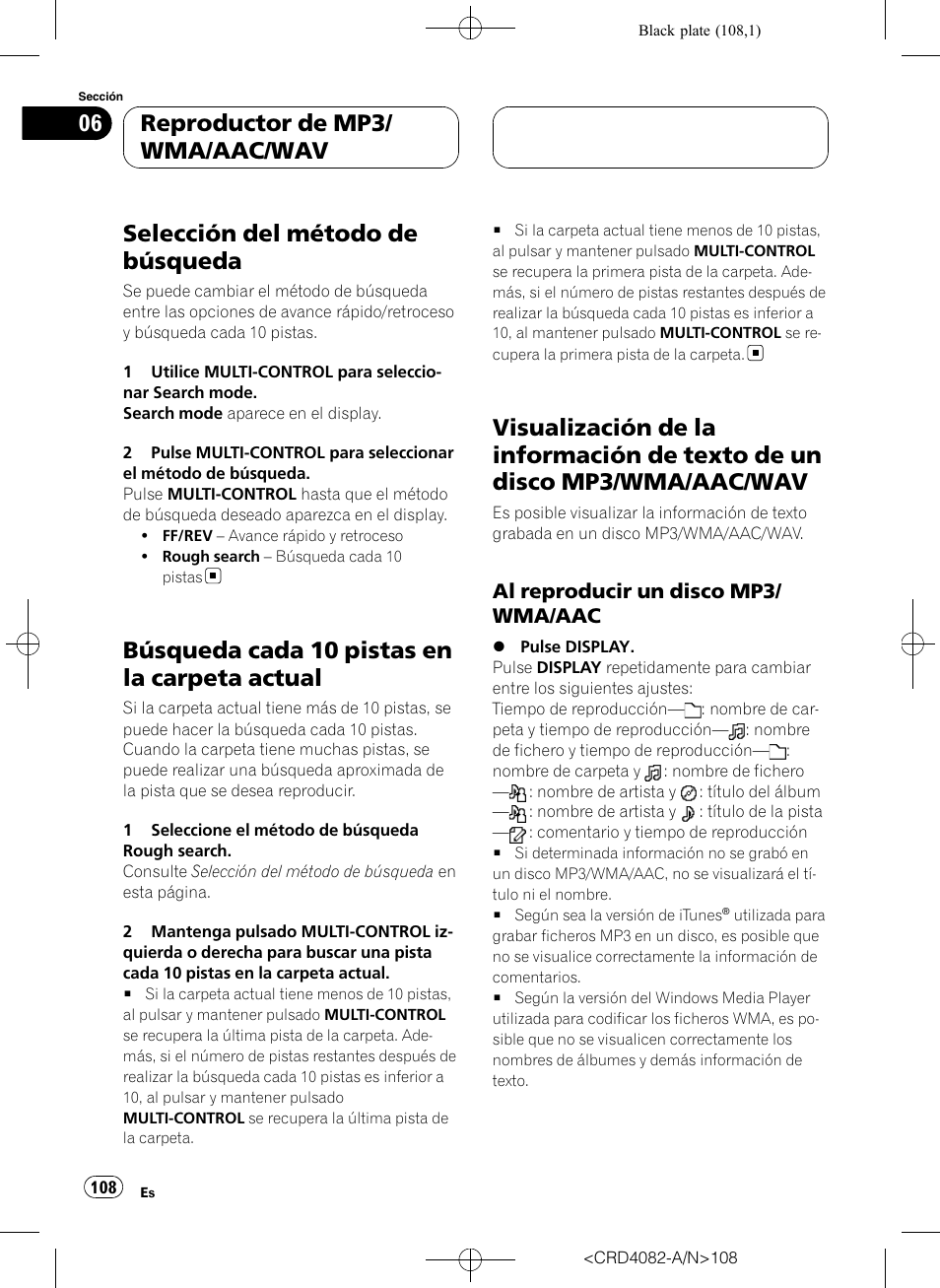 Selección del método de búsqueda, Búsqueda cada 10 pistas en la carpeta, Actual | Visualización de la información de texto de, Un disco mp3/wma/aac/wav, Al reproducir un disco mp3/wma, Búsqueda cada 10 pistas en la carpeta actual, Reproductor de mp3/ wma/aac/wav, Al reproducir un disco mp3/ wma/aac | Pioneer DEH-P80RS User Manual | Page 108 / 168