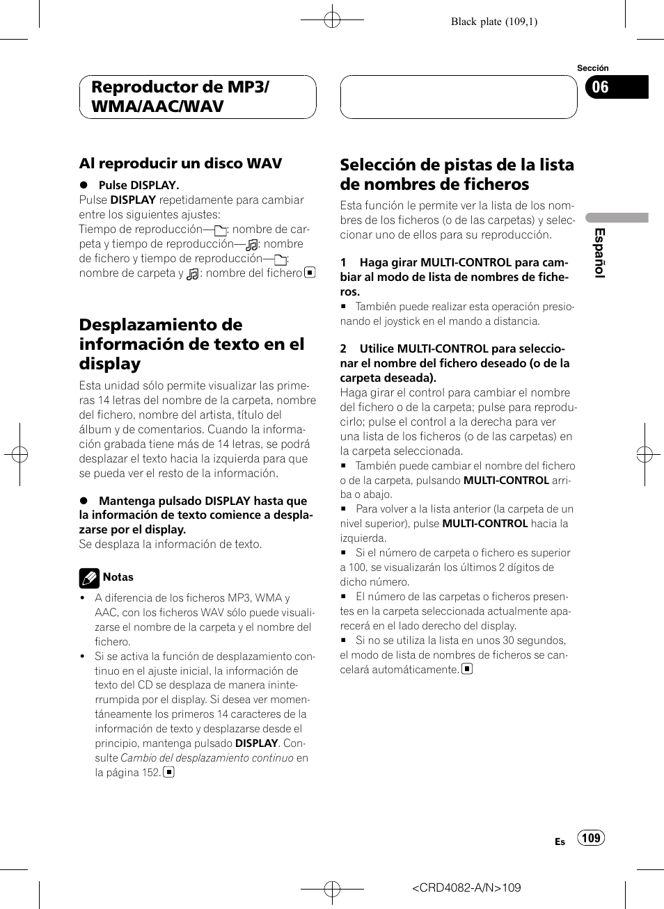 Al reproducir un disco wav 109, Desplazamiento de información de texto en, El display | Selección de pistas de la lista de nombres de, Ficheros, Reproductor de mp3/ wma/aac/wav, Al reproducir un disco wav | Pioneer DEH-P80RS User Manual | Page 109 / 168