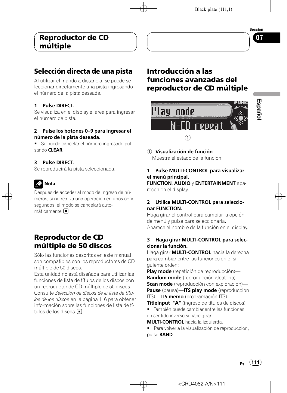 Selección directa de una pista, Reproductor de cd múltiple de 50, Discos | Introducción a las funciones avanzadas del, Reproductor de cd múltiple, Reproductor de cd múltiple de 50 discos | Pioneer DEH-P80RS User Manual | Page 111 / 168